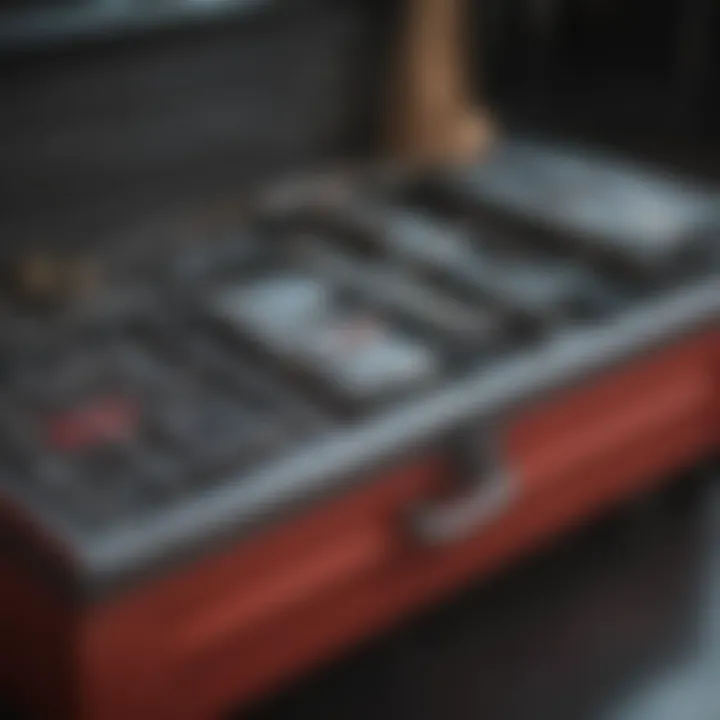 Maintenance tools next to a diamond plated tool box.