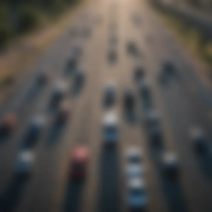 Aerial view of mid-size cars on a highway