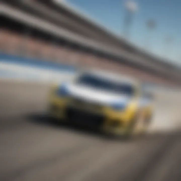 A dynamic image of a NASCAR car in action on the racetrack.