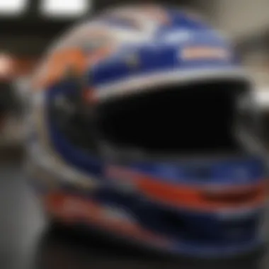 Close-up of a NASCAR driver's helmet adorned with unique designs