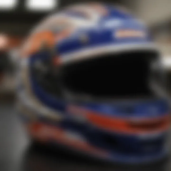 Close-up of a NASCAR driver's helmet adorned with unique designs