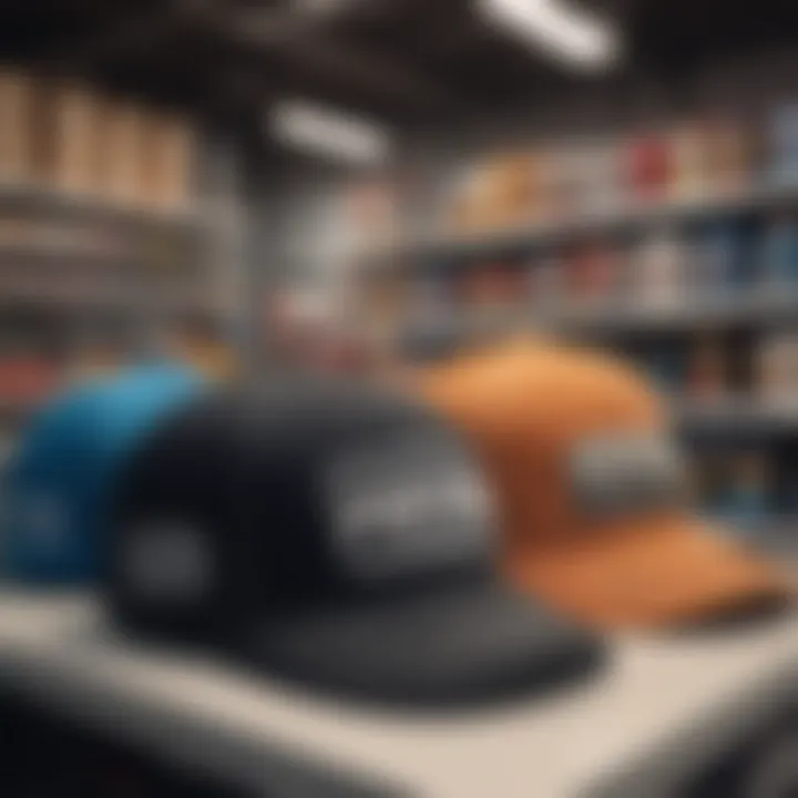 An array of NASCAR hats displayed on a Walmart shelf, illustrating brand partnerships