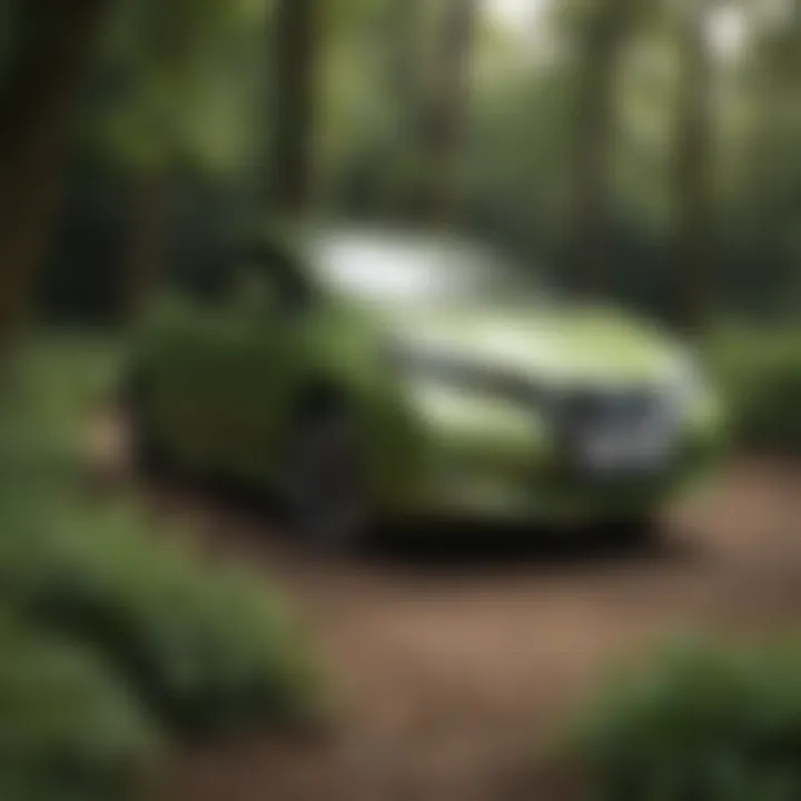 Nissan Leaf parked in a lush green environment showcasing eco-friendliness