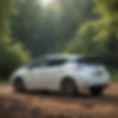 Scenic outdoor shot of a Nissan Leaf parked in a natural environment, symbolizing eco-friendliness