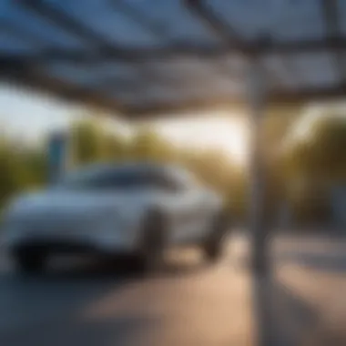 Electric vehicle charging under a solar canopy, emphasizing renewable energy use