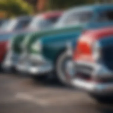 An array of classic American automobiles lined up at a car show.