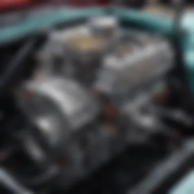 Close-up of the engine of a restored classic American car.