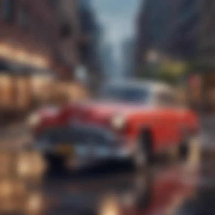 A beautifully restored vintage American car parked against an urban backdrop.