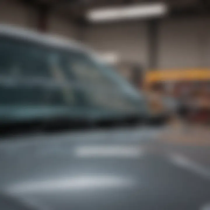 A person comparing different types of windshield wipers in a well-lit automotive shop.