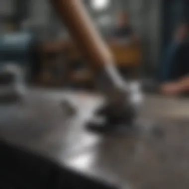 Precision Application of Specialized Hammers An automotive craftsman using a specialized hammer on a vehicle part, showcasing precision in action.