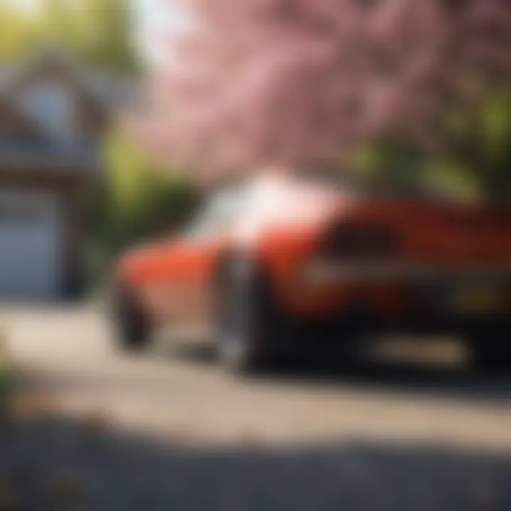 Bright blossoms framing a vehicle parked in a sunny driveway