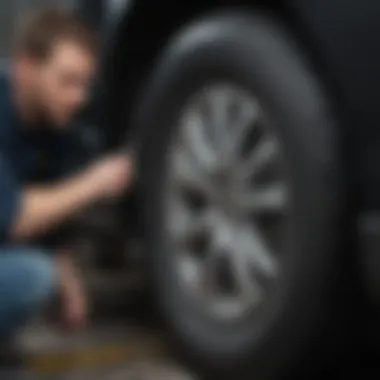 A close-up of a car tire being checked for wear and tear