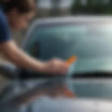 A person using a squeegee to clear water from a car window after washing