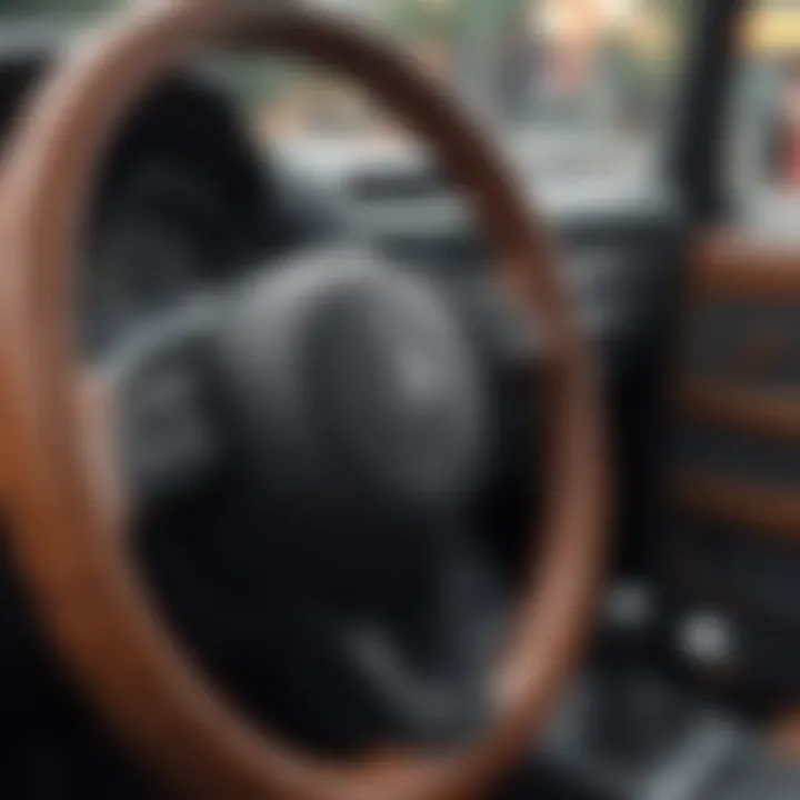 Close-up of a textured steering wheel cover enhancing grip and control