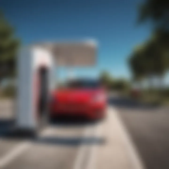 A Tesla Supercharger station with vehicles charging under a clear blue sky.