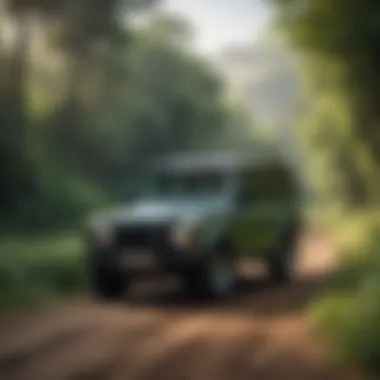 A panoramic view of an electric Land Rover vehicle amidst lush greenery, symbolizing its eco-friendly features.