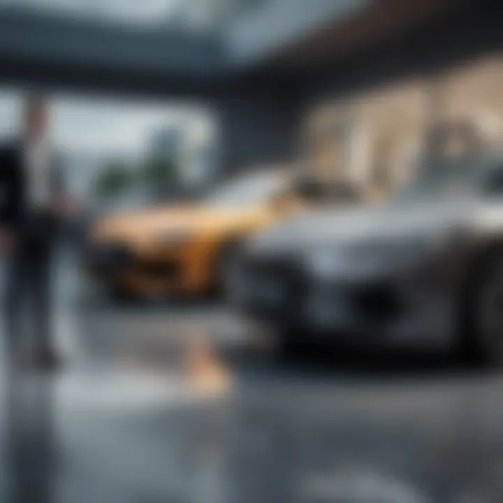 A couple examining luxury cars at a dealership with enthusiasm