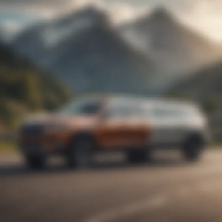 Stylish SUV cruising on a scenic highway with mountains in the background