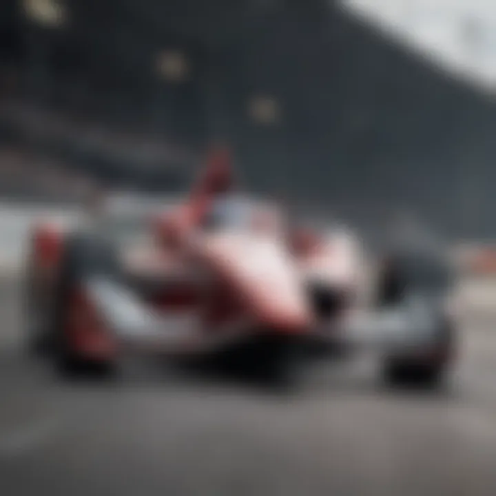 A sleek IndyCar racing on a track showcasing its aerodynamic design