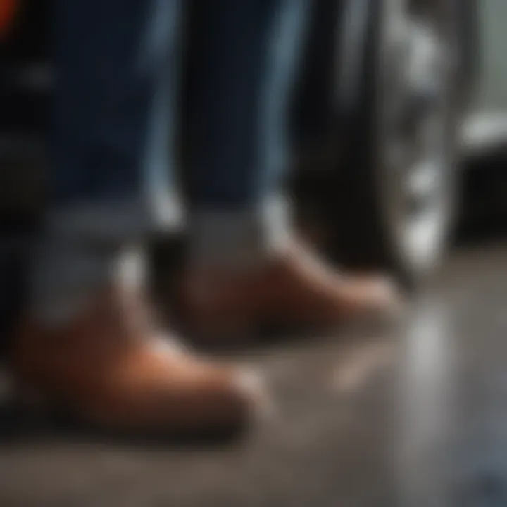 Side view of a driver wearing well-fitted driving shoes while operating a vehicle.