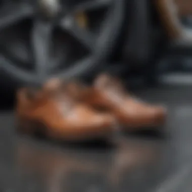 Driving shoes placed next to a steering wheel, illustrating safety and comfort.