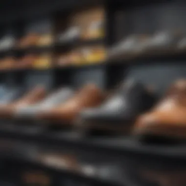 A variety of driving shoes on display, showcasing different materials and styles.