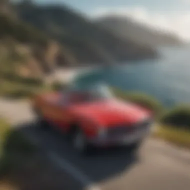 A sleek red convertible parked against a scenic coastal backdrop