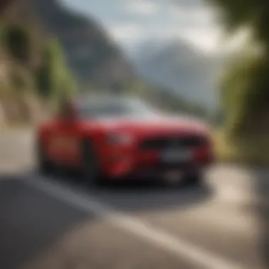 Ford Mustang driving through a scenic European landscape