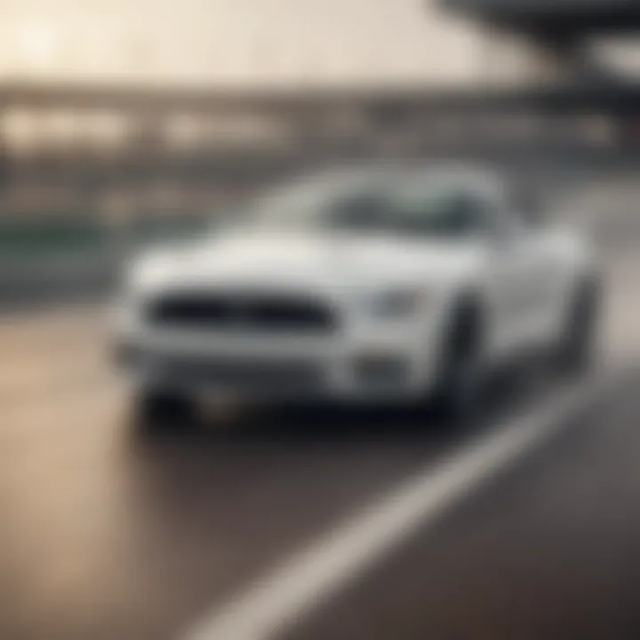 Dynamic shot of a white Mustang in motion on a racetrack