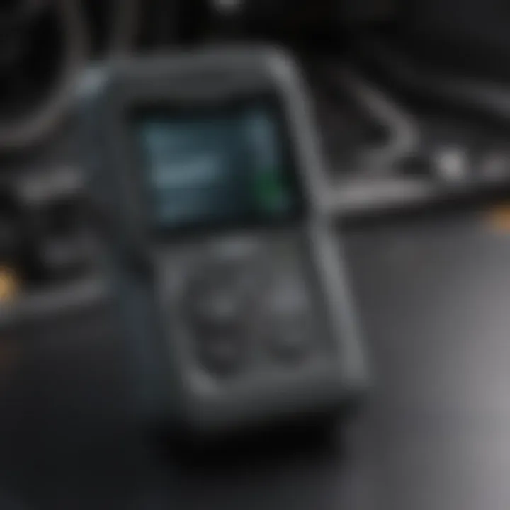 A close-up of a handheld OBD-II scanner