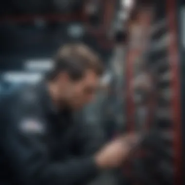 A technician examining complex wiring in a vehicle