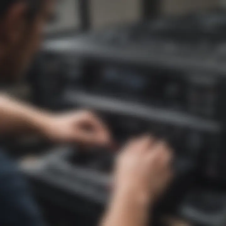 A close-up of a technician performing maintenance on an automobile CD changer.