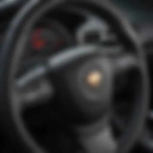 Close-up of a black Chevy steering wheel cover showcasing premium stitching.