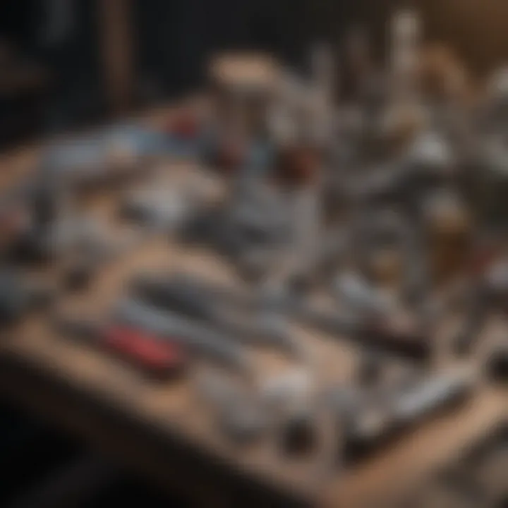 An array of body dent repair tools laid out neatly on a workbench.