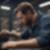 A technician conducting a CB radio test in an automotive setting