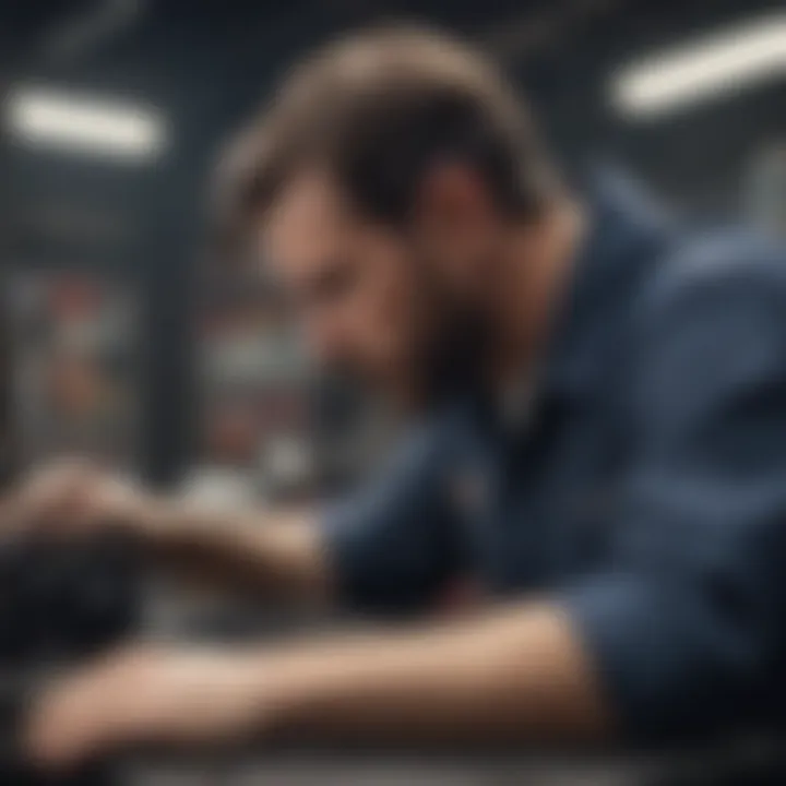 A technician conducting a CB radio test in an automotive setting