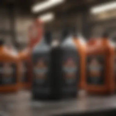 Different types of motor oil degreasers displayed on a workbench
