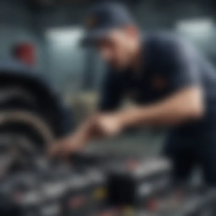 A mechanic examining a battery, focusing on its installation and maintenance.