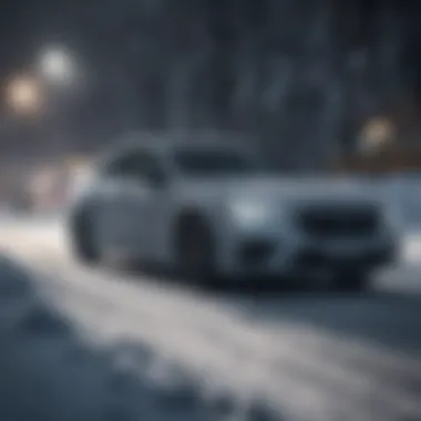 Sedan equipped with snow tires driving on a snowy road