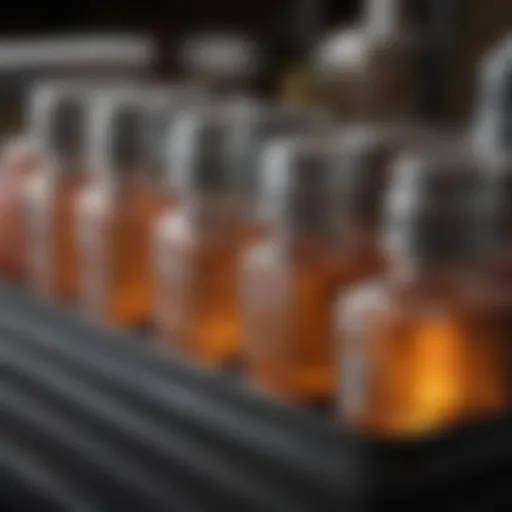 Close-up view of fuel additives in a clear container showcasing various types.