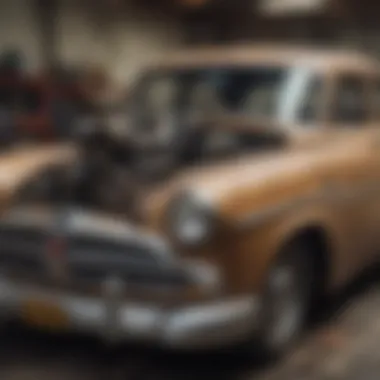 Close-up shot of a vintage car being dismantled, emphasizing the intricate parts that can be salvaged.