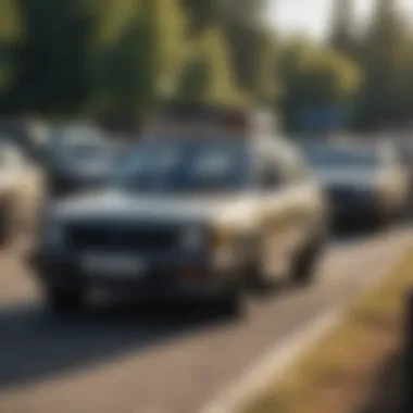 A group of vintage Subaru Outbacks at a car meet