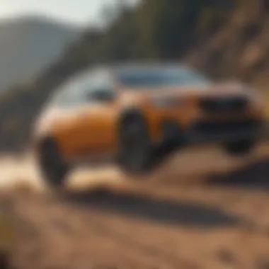 Performance in Action of the 2021 Subaru Crosstrek Dynamic action shot of the 2021 Subaru Crosstrek in motion on a rugged terrain.