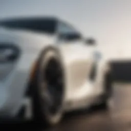 A close-up view of the sleek white Toyota GR Supra showcasing its aerodynamic lines