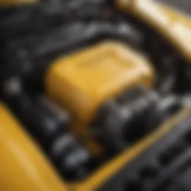 Close-up of the engine compartment highlighting the powertrain of the Yellow Charger RT.